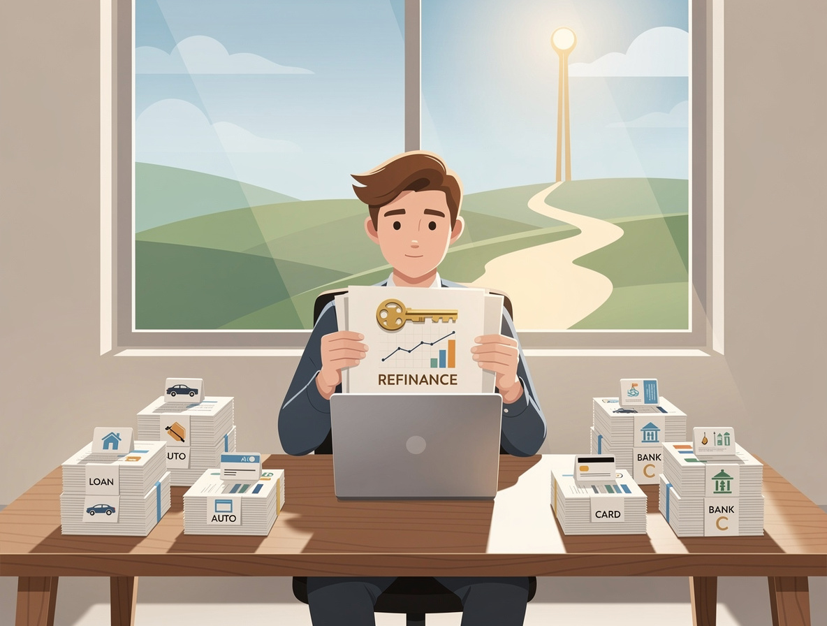 Человек за столом объединяет несколько документов, символизирующих разные займы, в одну папку, на фоне светлого офиса с окном, показывающим путь к единой цели.