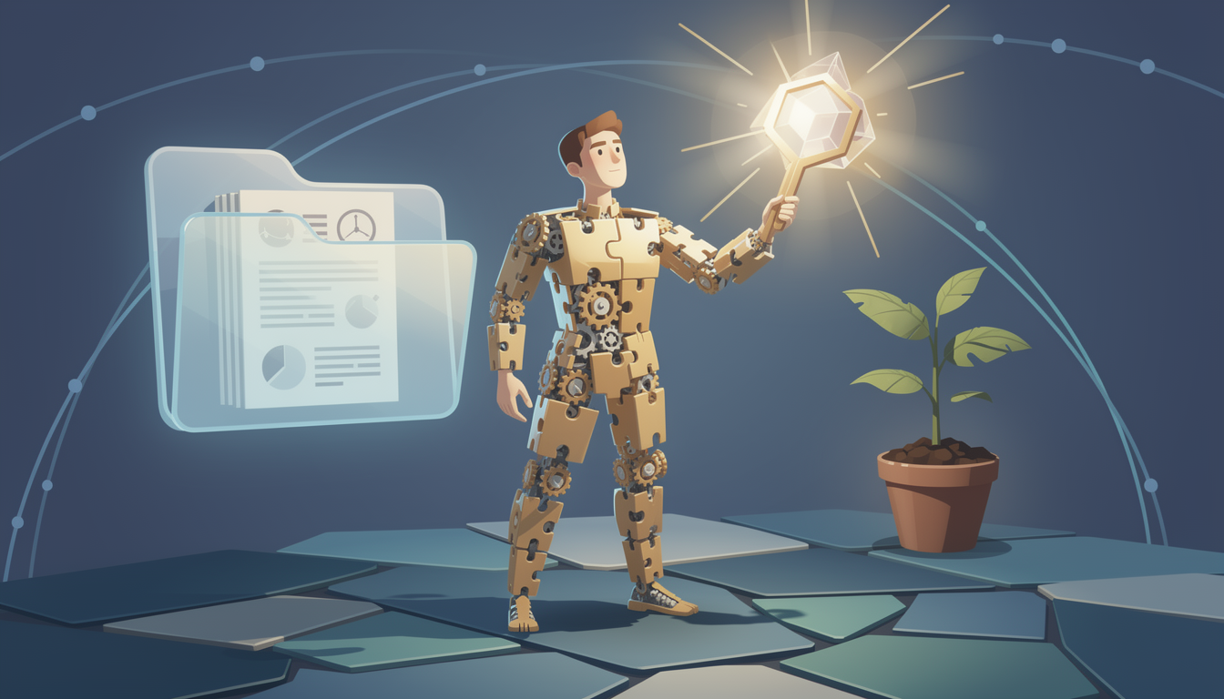 Символическое изображение человека, собранного из гибких деталей, держащего ключ на фоне элементов, отражающих подготовку к одобрению при нерегулярной работе.