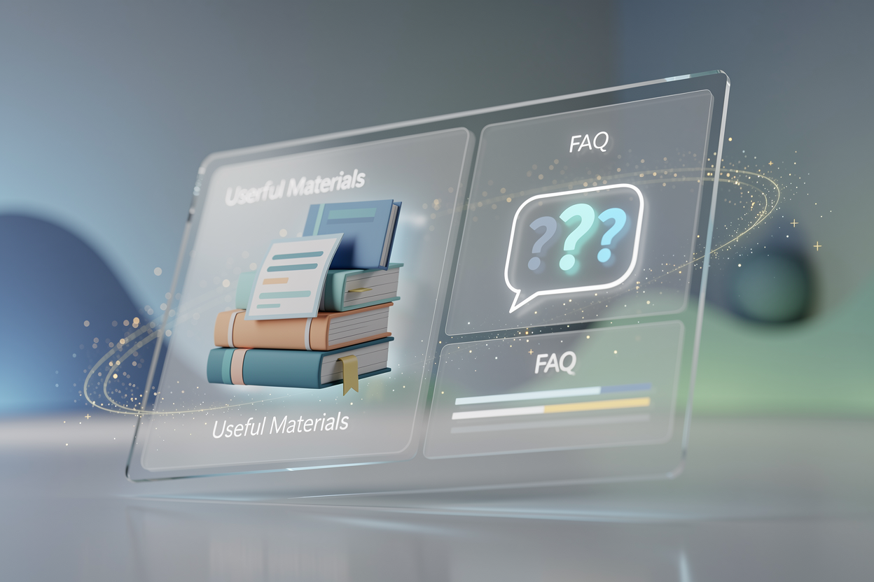 Футуристический интерфейс цифровой библиотеки с иконками полезных материалов и FAQ в голографическом пространстве.