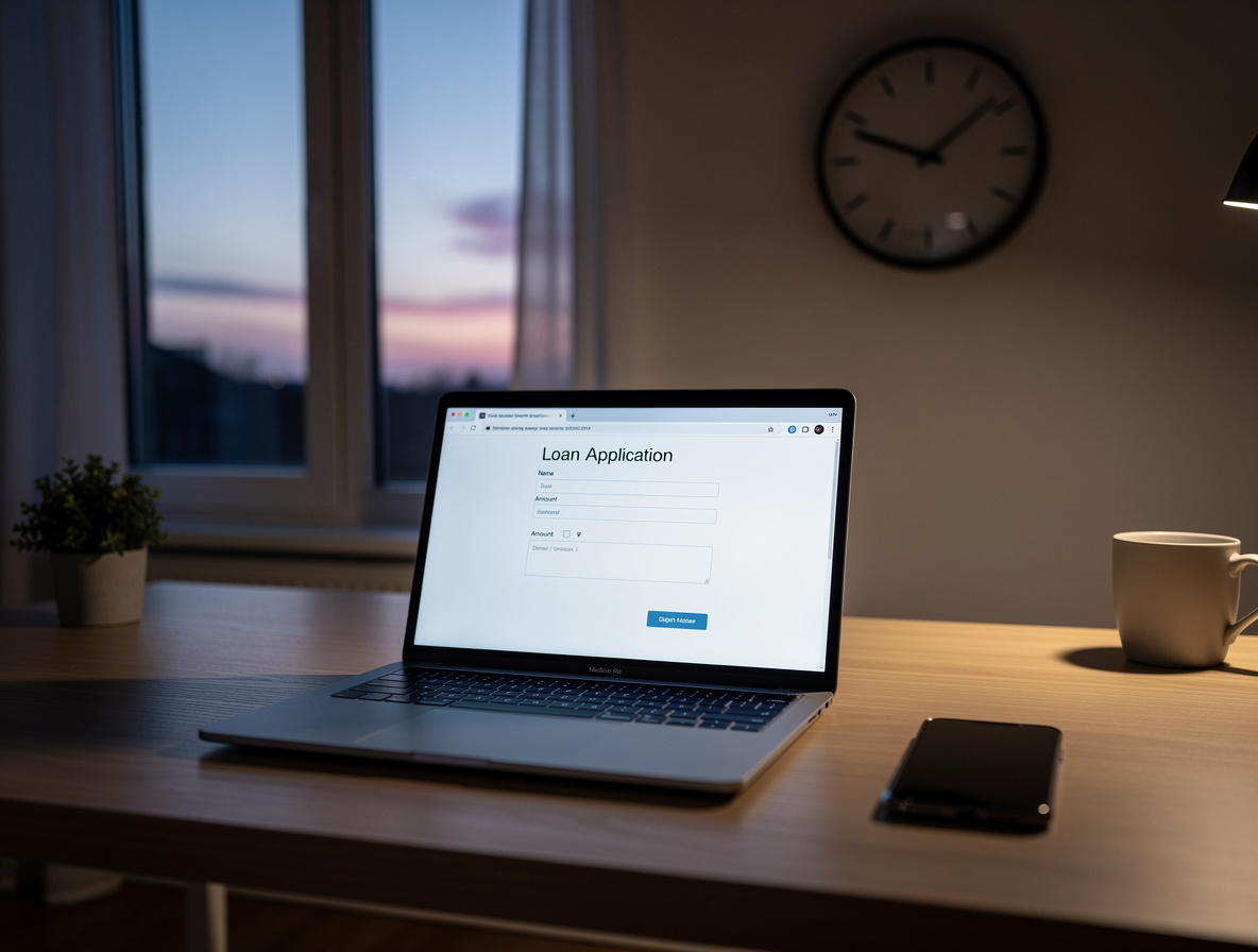 Домашний офис с ноутбуком, показывающим заполненную онлайн-заявку, и смартфоном в ожидании СМС-подтверждения.