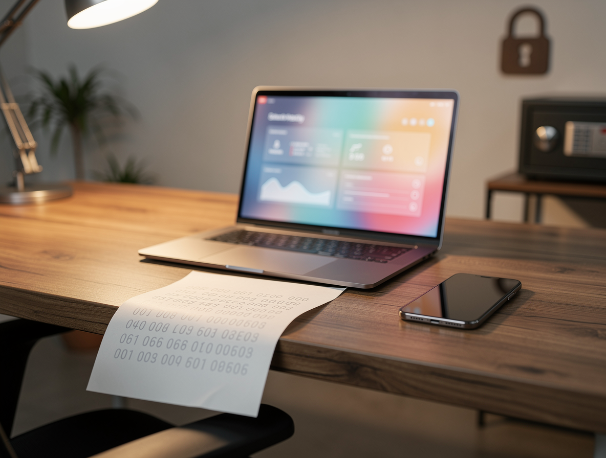 Резервные одноразовые коды для входа в онлайн-банк, лежащие рядом с ноутбуком в домашнем офисе.