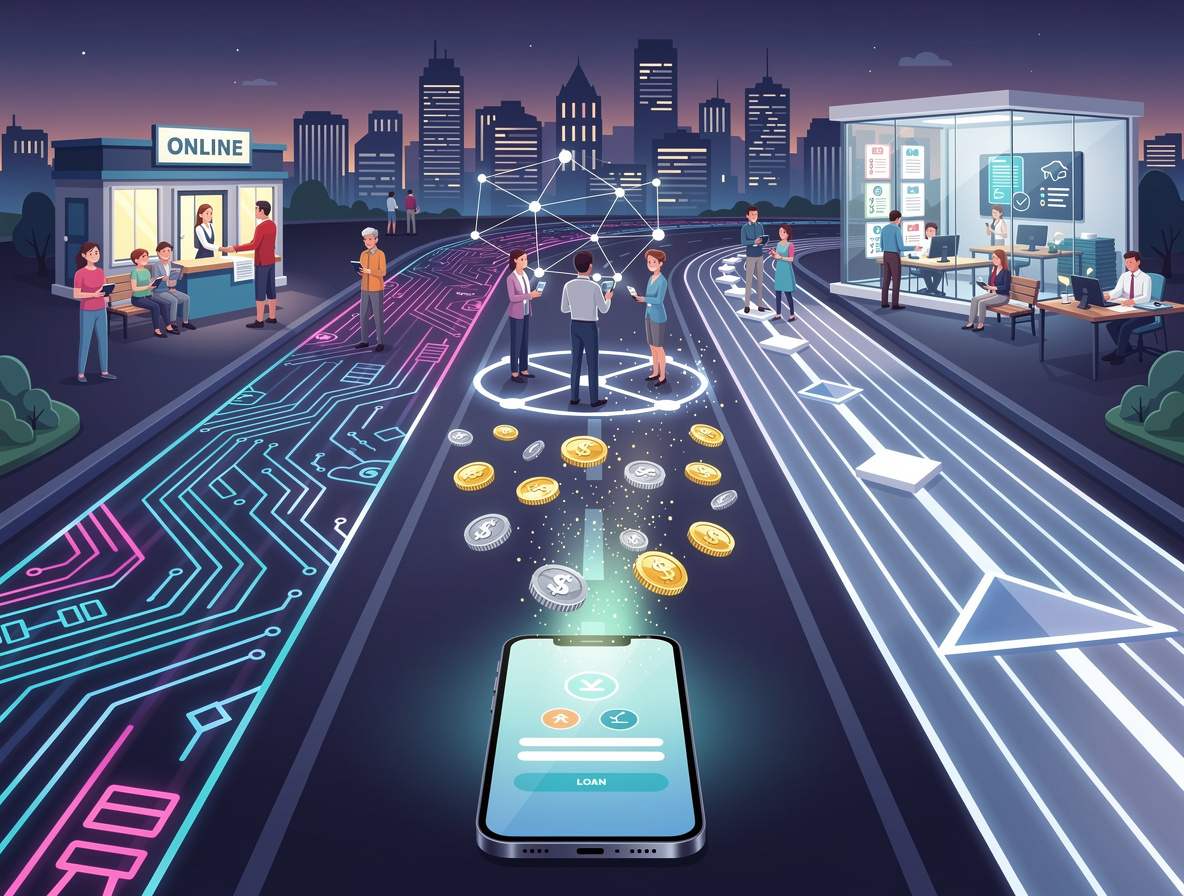 Иллюстрация разнообразия микрозаймов в виде многополосной финансовой магистрали с различными каналами кредитования