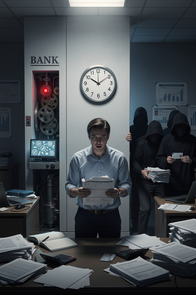 Символическое изображение причин ухудшения кредитной истории: заёмщик с испорченным отчётом, банк с ошибками и мошенники в тени.