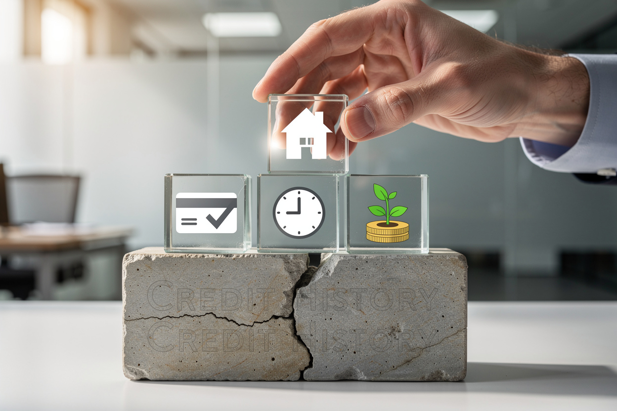 Руки человека аккуратно выстраивают прозрачные блоки с символами финансовых действий на треснувшем фундаменте кредитной истории в светлом офисе.