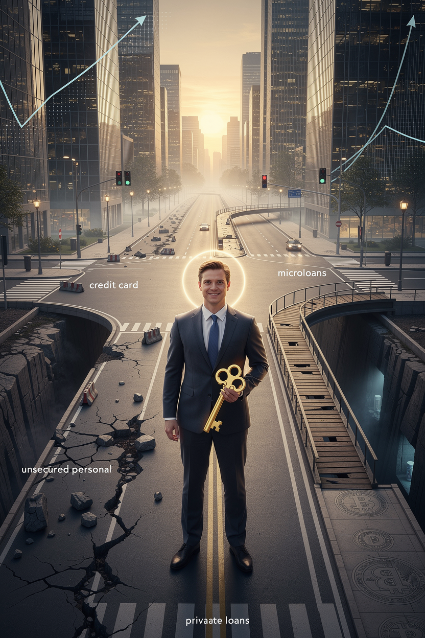 Человек на перекрёстке с ключом, символизирующим залог, сравнивает разные пути финансирования через визуальные метафоры.