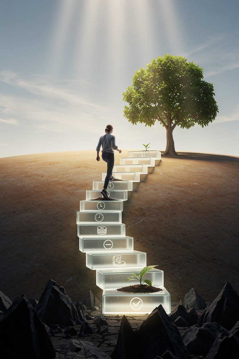 Метафорическое изображение восстановления кредитной истории: человек поднимается по лестнице из светящихся блоков от темного низа к солнечному плато.