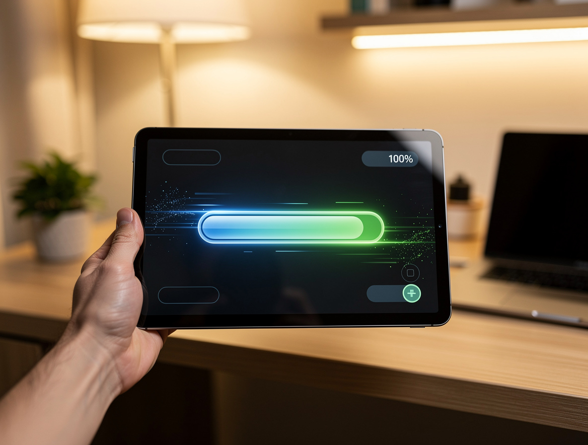 Планшет с интерфейсом финансового приложения, показывающим быстрое заполнение прогресса, символизирующее оформление займа.