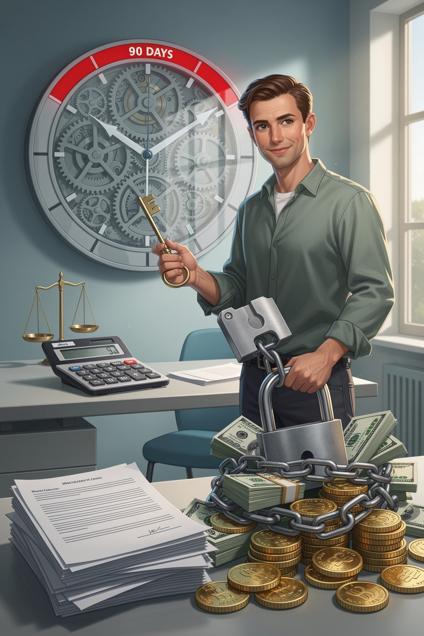 Человек уверенно стоит перед часами, символизирующими срок просрочки, с ключом, открывающим замок на деньгах, в окружении финансовых и юридических элементов.
