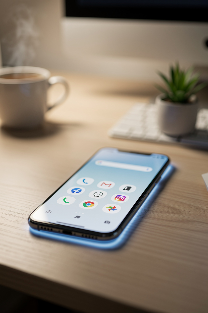 Смартфон на столе показывает интерфейс быстрого онлайн-займа в уютной обстановке.