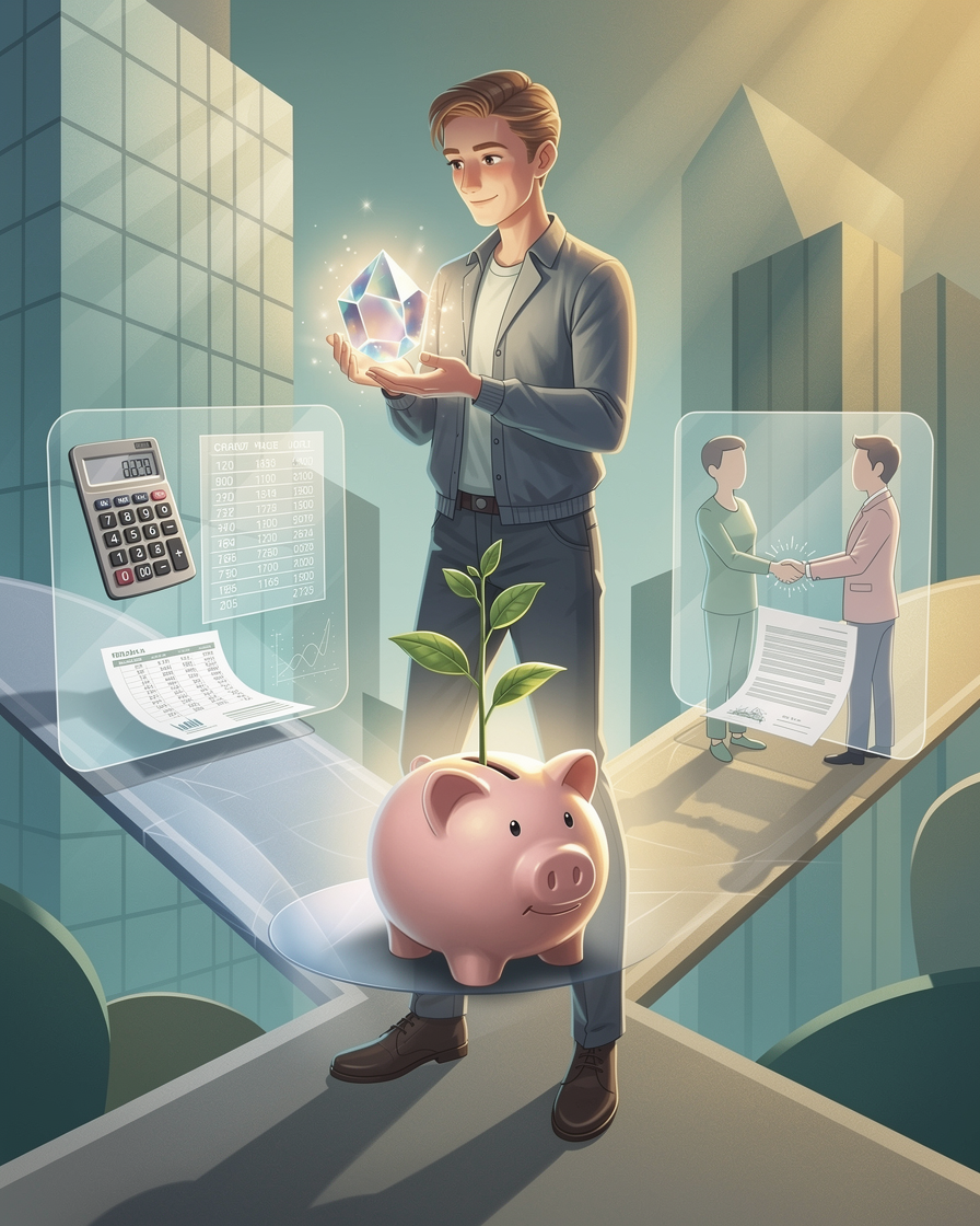 Человек на перекрёстке с кристаллом, отражающим варианты действий после отказа в займе.