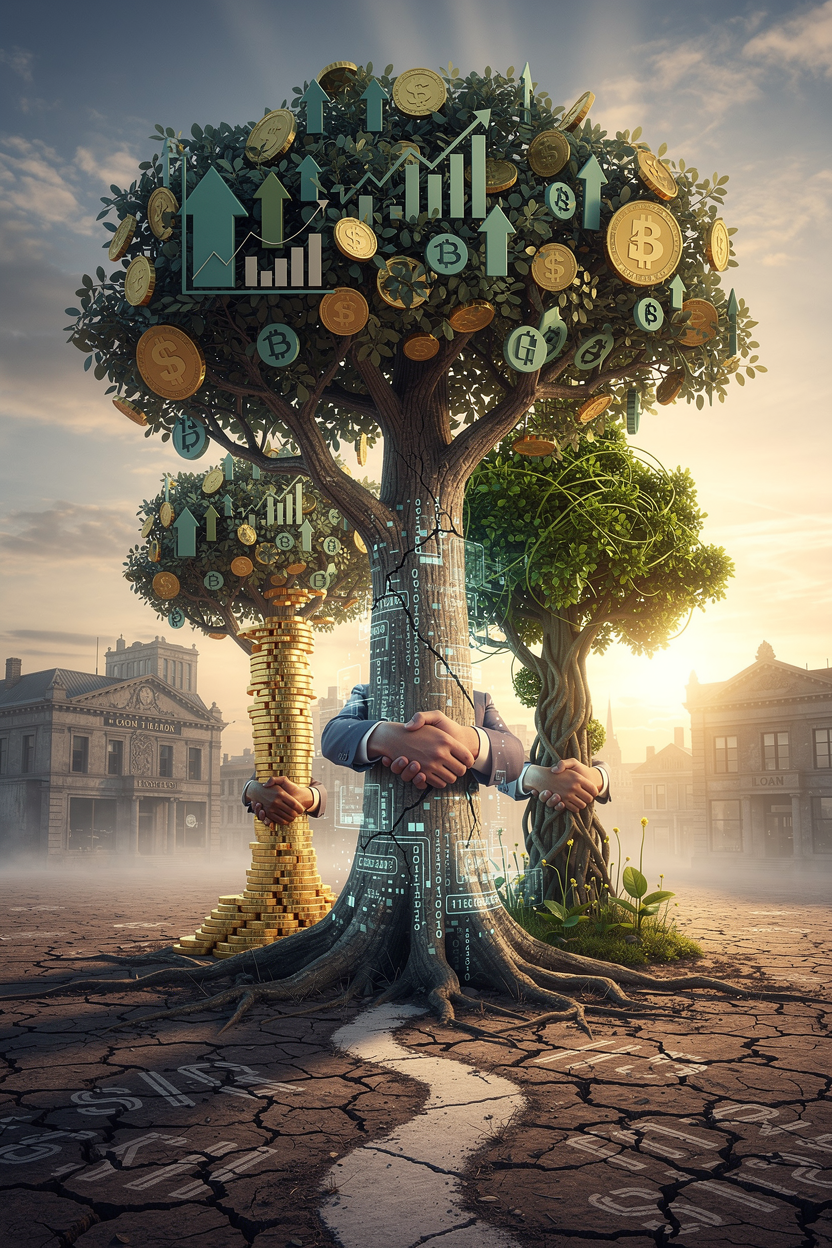 Концептуальное изображение дерева с альтернативными финансовыми корнями в пейзаже перекредитования