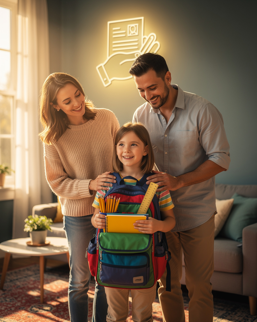 Счастливая семья с ребенком, держащим новый школьный рюкзак, в уютной гостиной, символизирующая государственную поддержку для подготовки к школе.