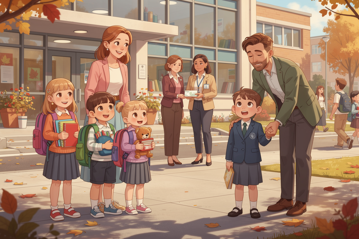 Семьи с детьми собираются у школы с рюкзаками и школьными принадлежностями, символизируя получение помощи на сборы в школу.