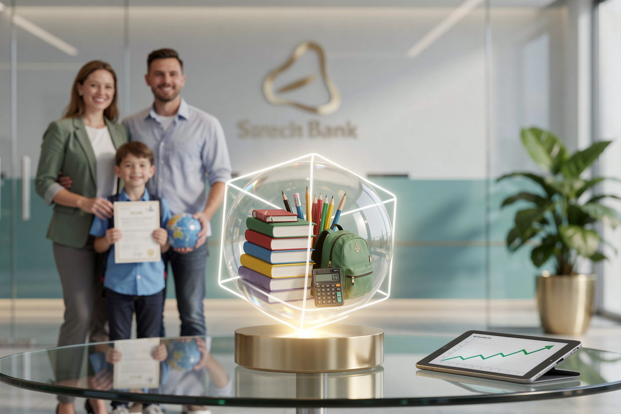 Символическое изображение банковского продукта в виде светящегося куба со школьными принадлежностями внутри, на фоне счастливой семьи в современном банке.
