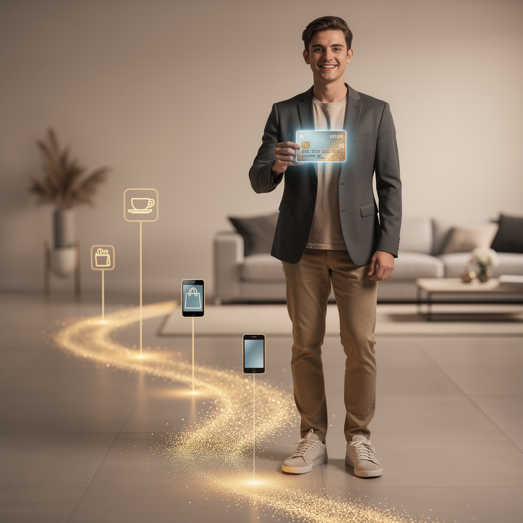 Человек с кредитной картой, формирующей светящуюся линию истории на полу.