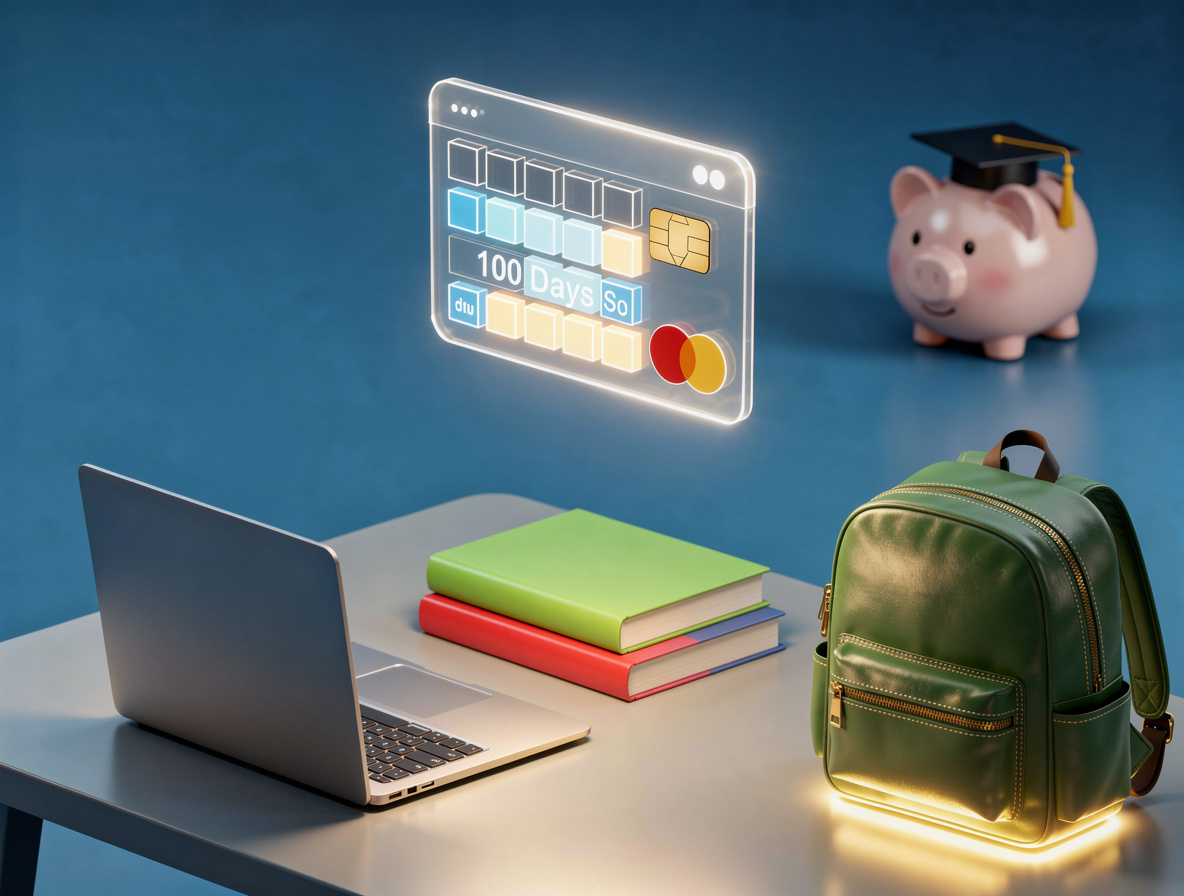 Кредитная карта с календарём льготного периода парит над школьными покупками, символизируя умное использование для образования.