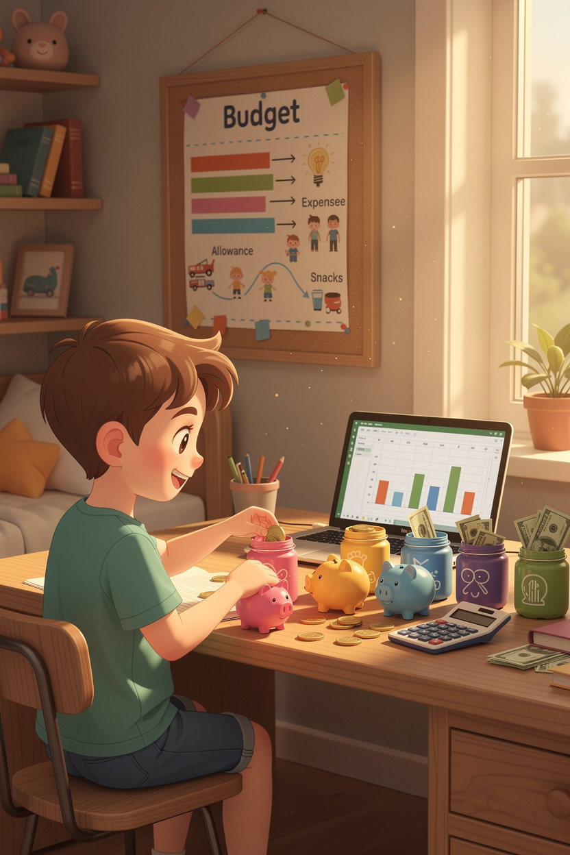 Школьник организует финансы за столом с копилками и бюджетным планом.