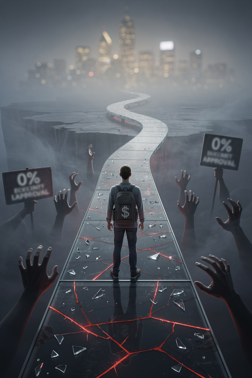 Человек идёт по узкой стеклянной тропе над пропастью, символизируя риски первого кредита.