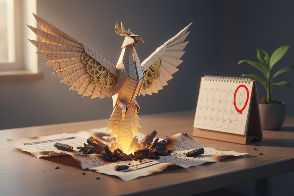 Символическое изображение стратегии повторной подачи заявки: бумажный феникс с механическими деталями возрождается из пепла отказа.