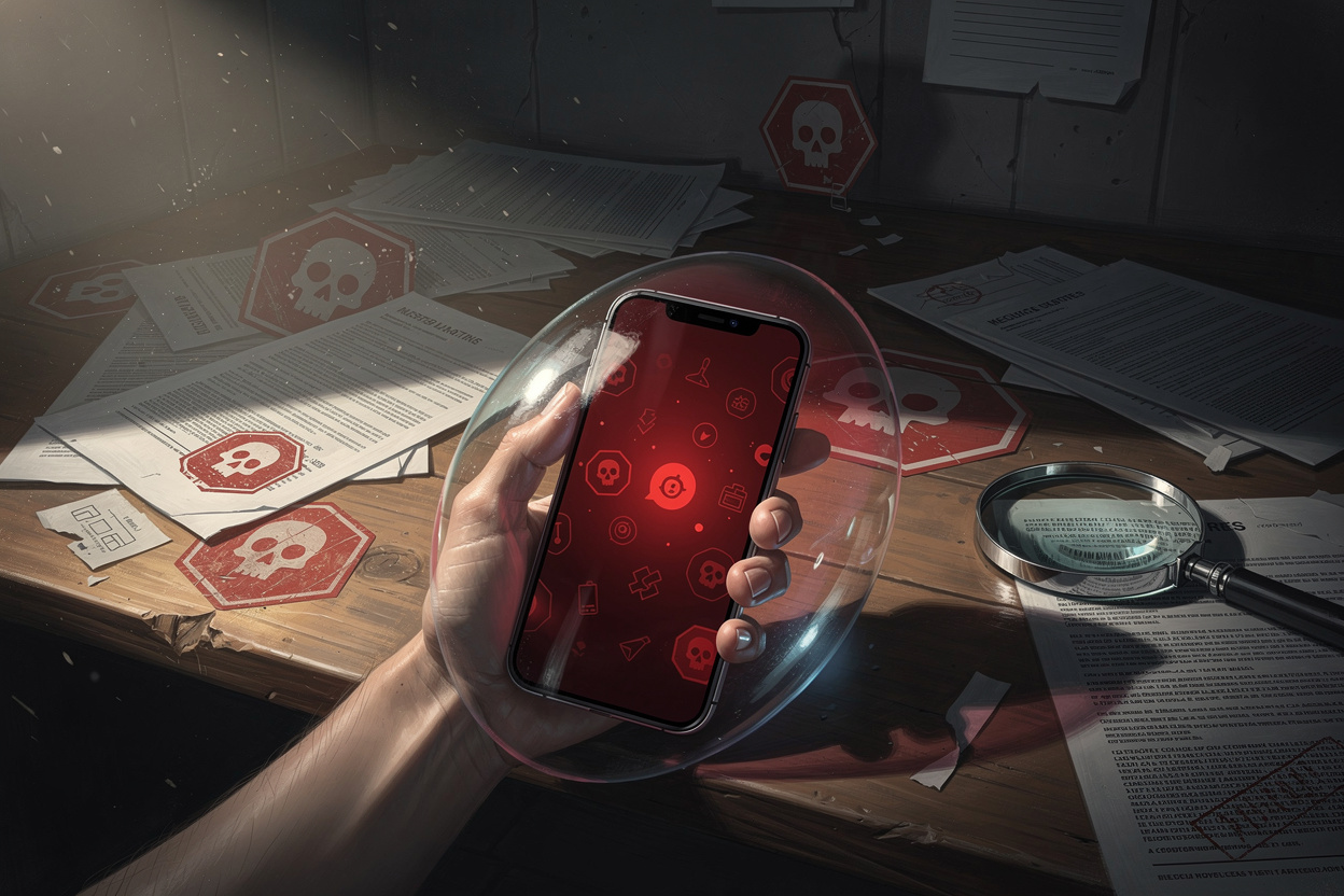 Рука со смартфоном, показывающим подозрительное предложение займа, защищена прозрачным щитом в комнате с документами и предупреждающими символами.