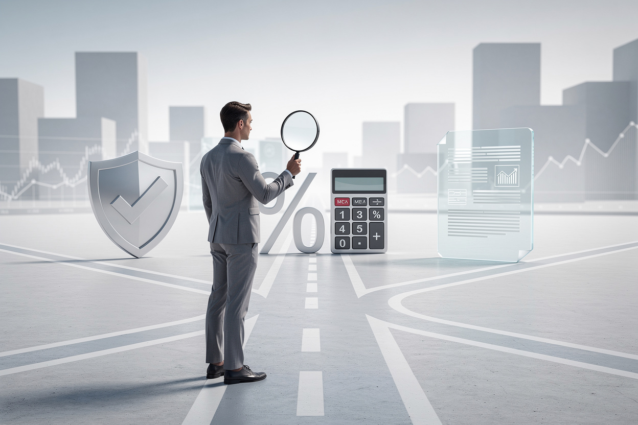 Человек на перекрёстке с символами финансовых критериев, выбирающий безопасный путь для займа.