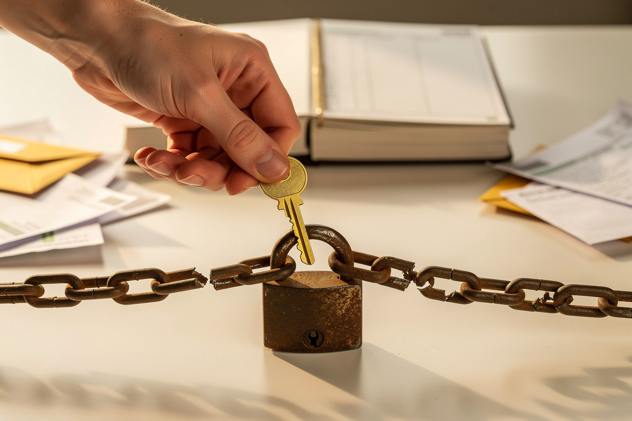 Рука, открывающая замок на цепи, символизирующая погашение задолженности по рассрочке.