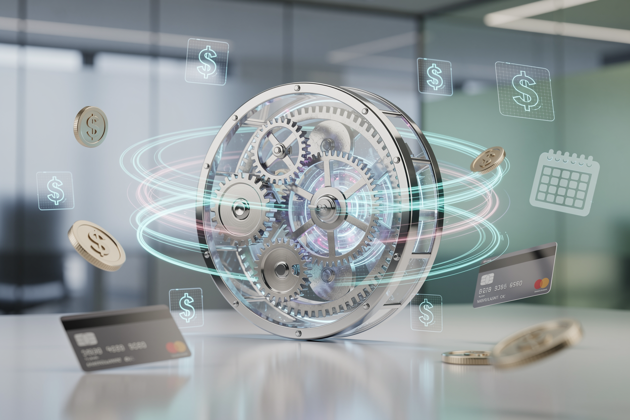 Стилизованный механизм шестерёнок, символизирующий оплату частями и автоматические списания, в современном цифровом окружении.