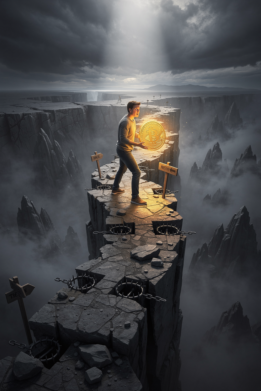 Человек осторожно идёт по узкой скалистой тропе над пропастью с туманом и скрытыми камнями, держа большую монету, символизирующую риски при оформлении займов.