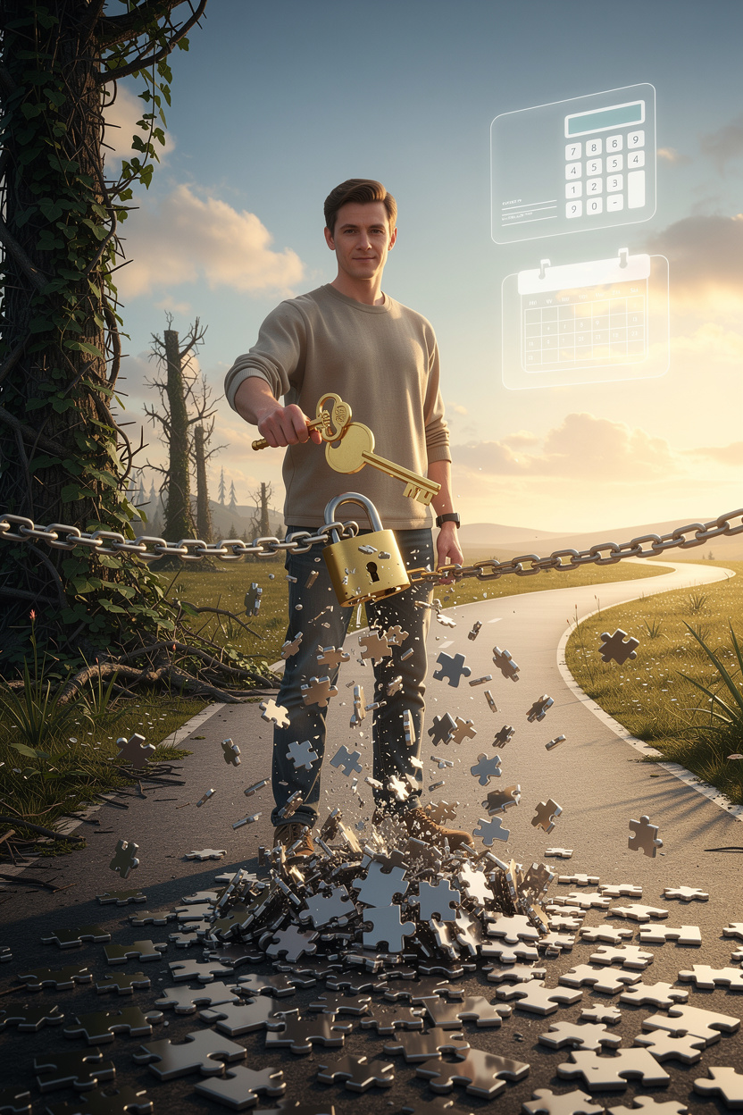 Человек с золотым ключом разрывает цепь долга на перекрестке, символизируя решение финансовых вопросов через займы.