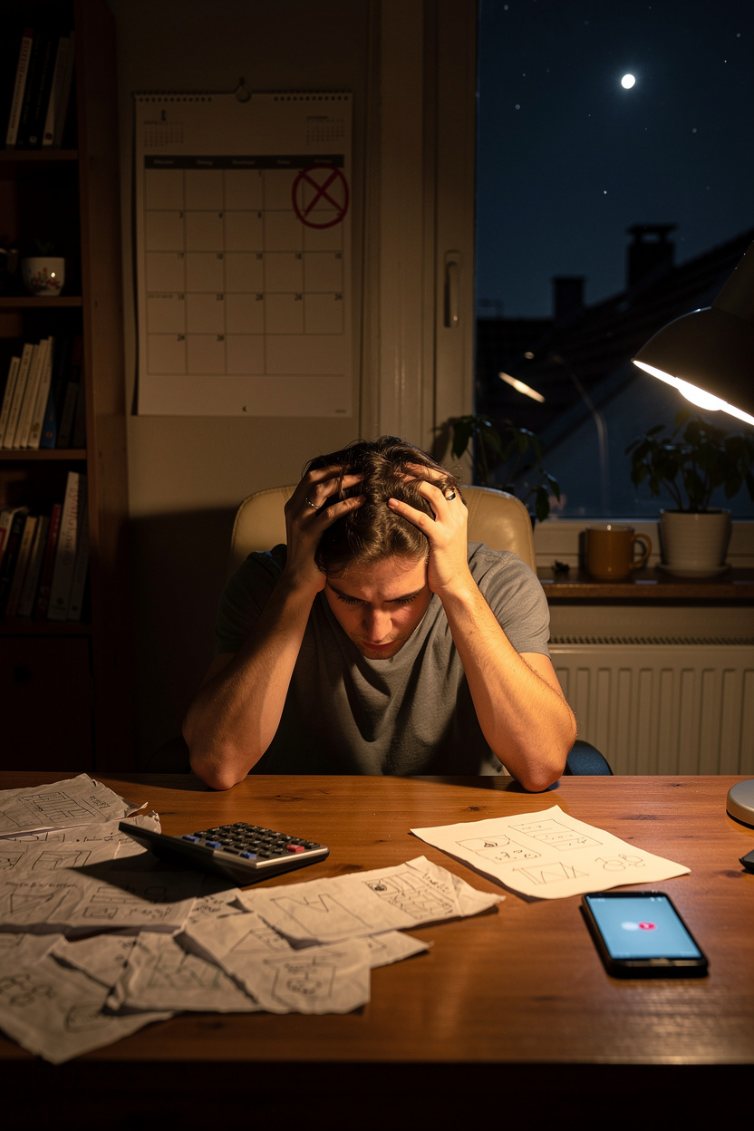 Человек в домашнем офисе ночью, испытывающий стресс из-за просроченного займа, смотрит на календарь с отмеченной датой и разбросанными финансовыми документами.