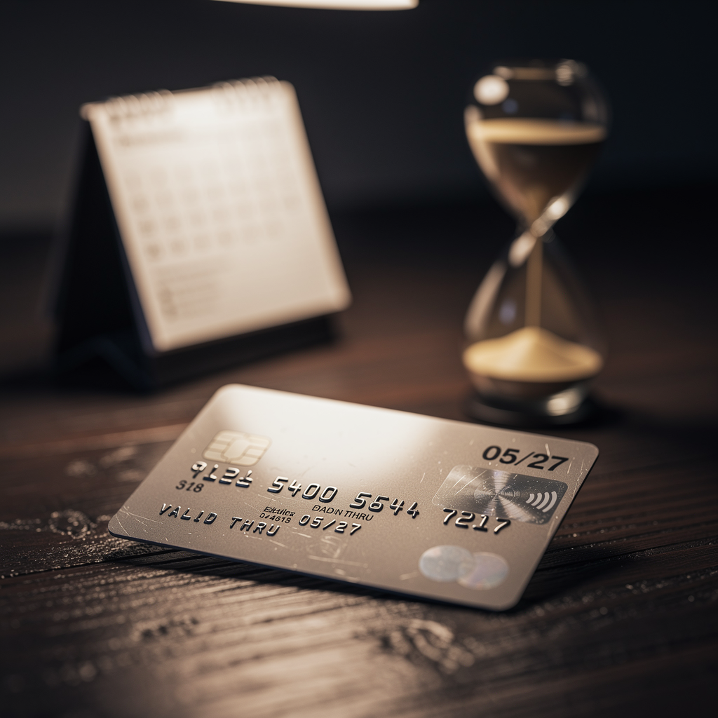 Крупный план кредитной карты с видимым сроком действия на фоне календаря и песочных часов, символизирующих ограниченность времени.