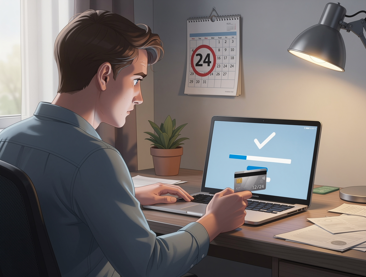 Человек в домашнем офисе рассматривает кредитную карту с истекающим сроком действия на фоне ноутбука с интерфейсом заявки на займ.