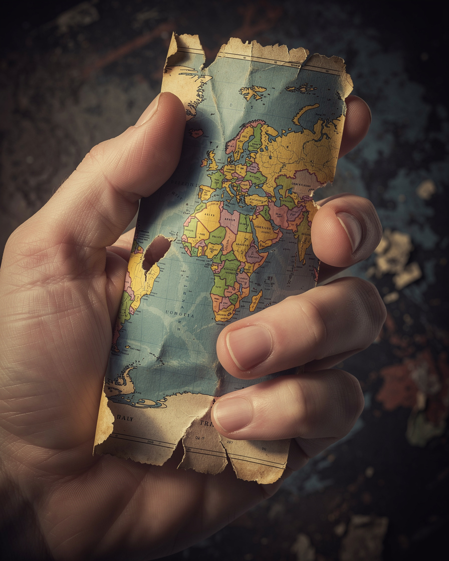 Рука держит потрёпанную и выцветшую карту мира, символизирующую истёкший срок действия.