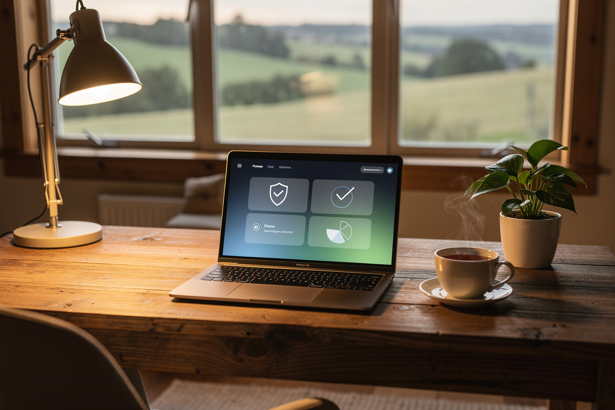 Уютный домашний офис в сельской местности с ноутбуком, символизирующим надёжные цифровые финансовые услуги для регионов.