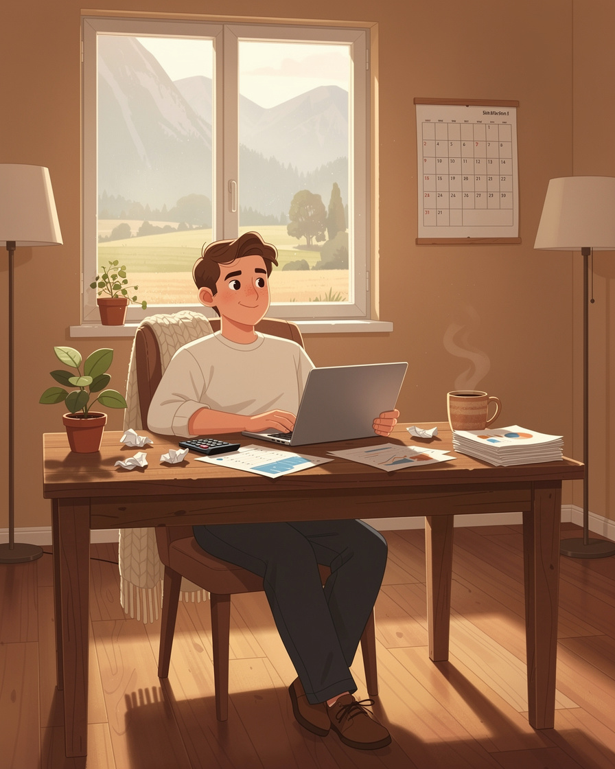 Человек в уютном удалённом доме изучает условия микрозайма на ноутбуке