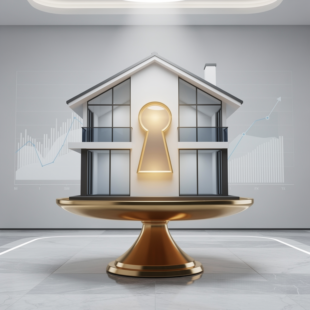Символическое изображение залогового кредита: дом на весах в банковском интерьере, символизирующее использование имущества как гарантии.