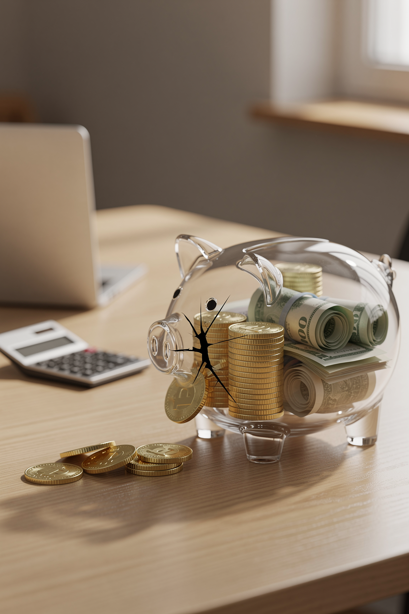 Прозрачная копилка с золотыми монетами и деньгами, из которой высыпаются сбережения на деревянный стол в домашнем офисе, символизируя досрочное погашение и экономию.