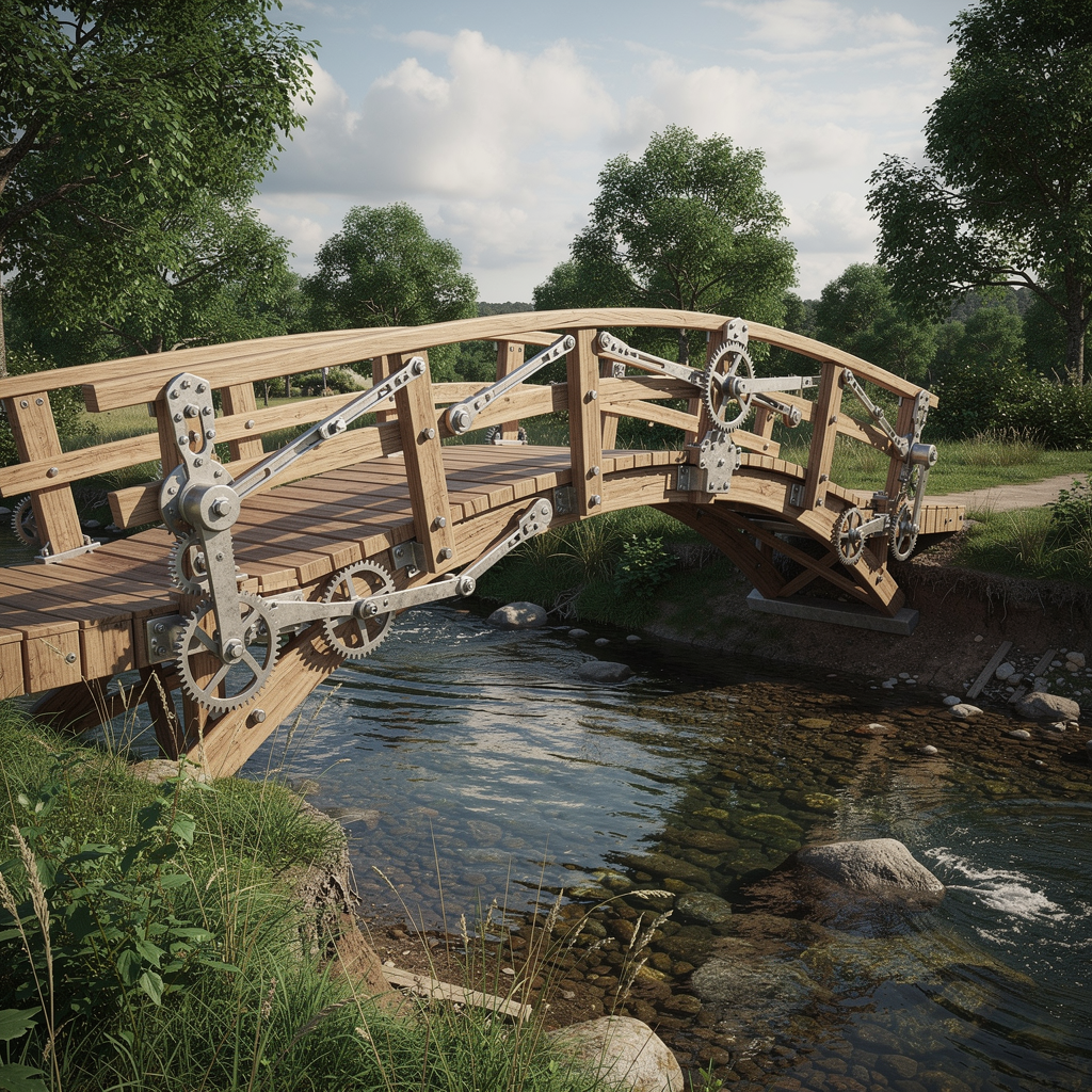 Гибкий деревянный мост с механизмами регулировки, адаптирующийся к изменяющимся условиям реки и ландшафта.