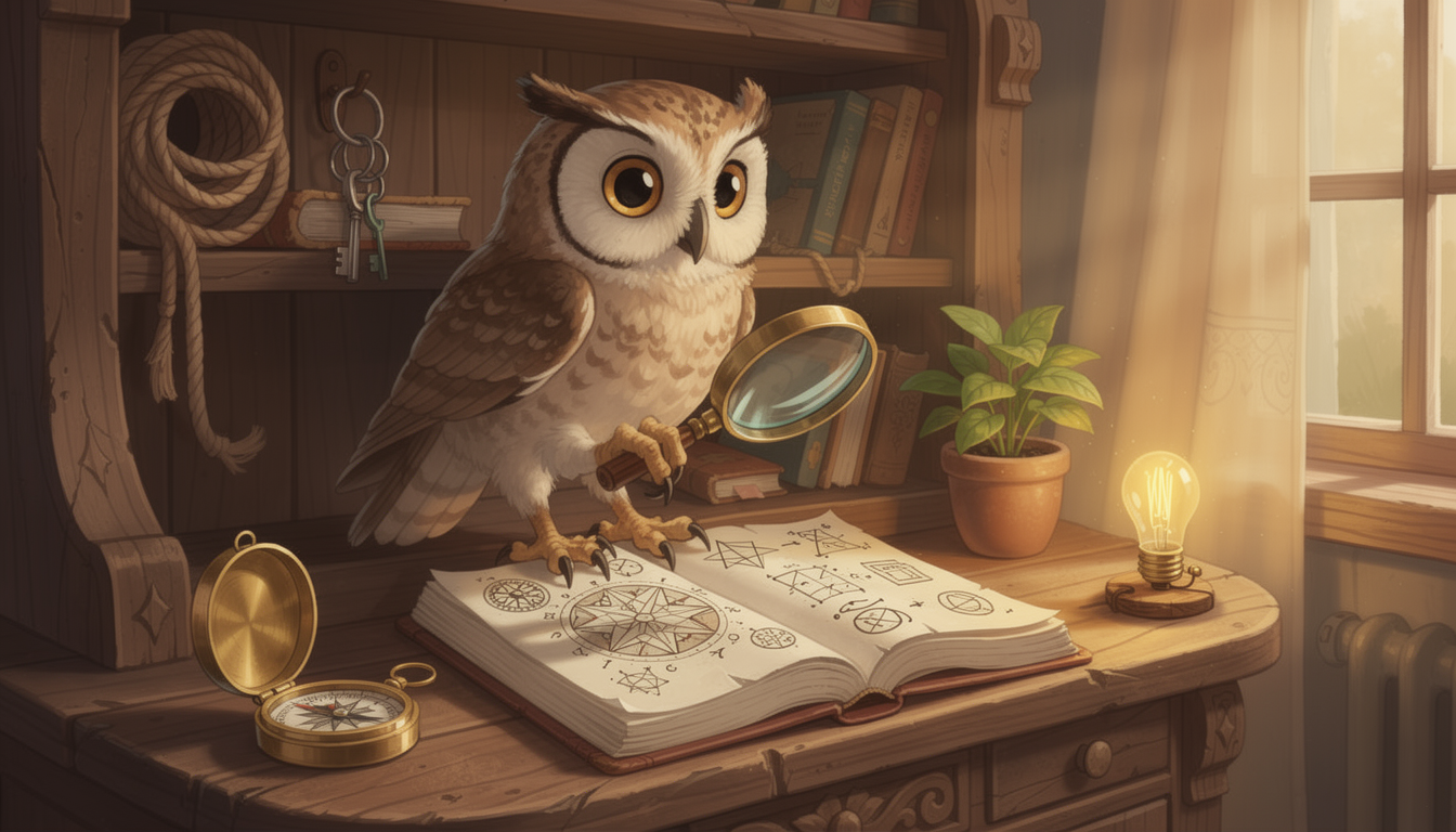 Мудрая сова с лупой изучает книгу на полке в уютном кабинете, окруженная предметами, символизирующими практические советы.