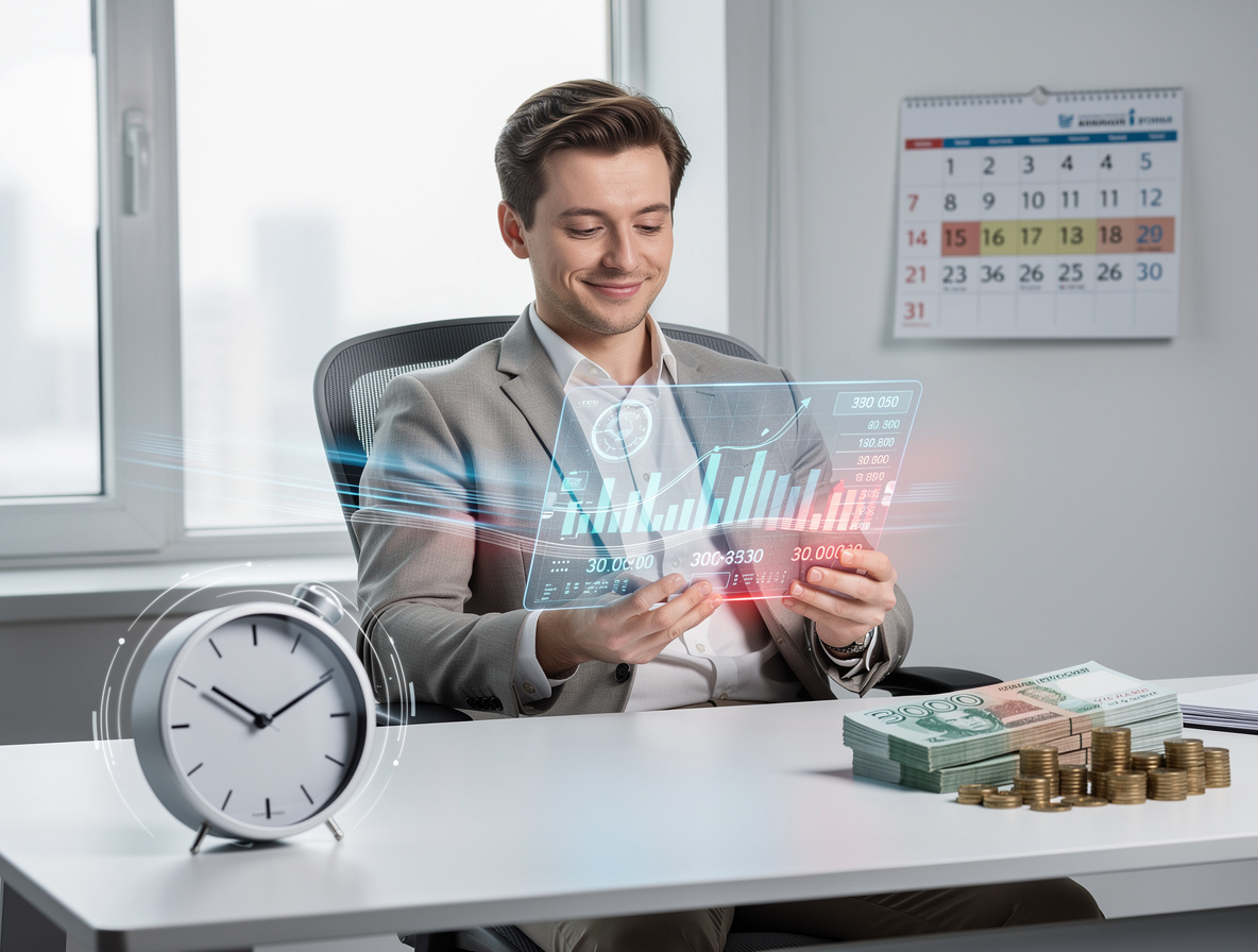 Человек получает мгновенный заем в современном офисе, символизируя быстрый доступ к небольшой сумме денег.