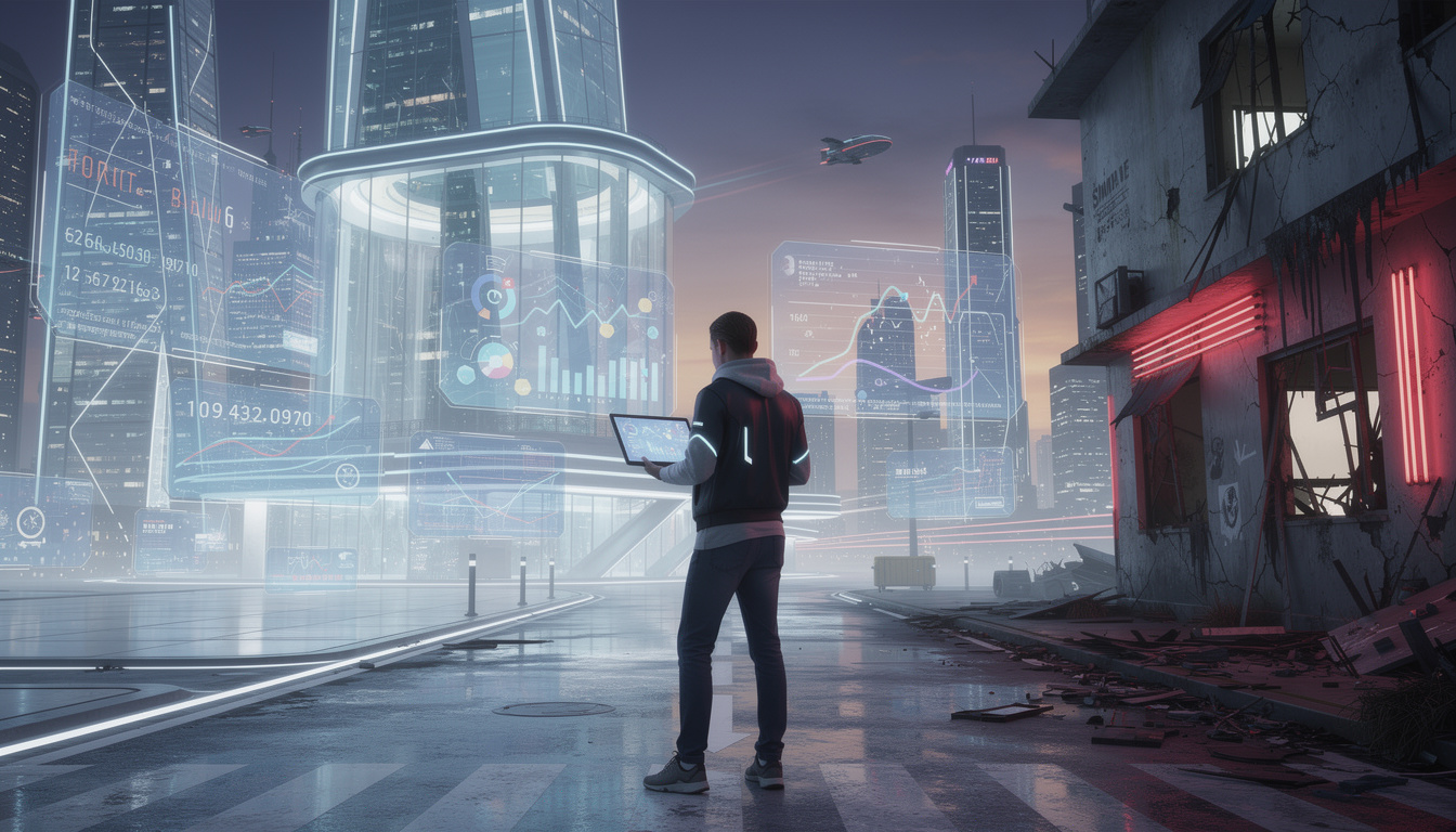 Человек на перепутье в футуристическом городе с данными кредитного скоринга, определяющими путь к одобрению или отказу.