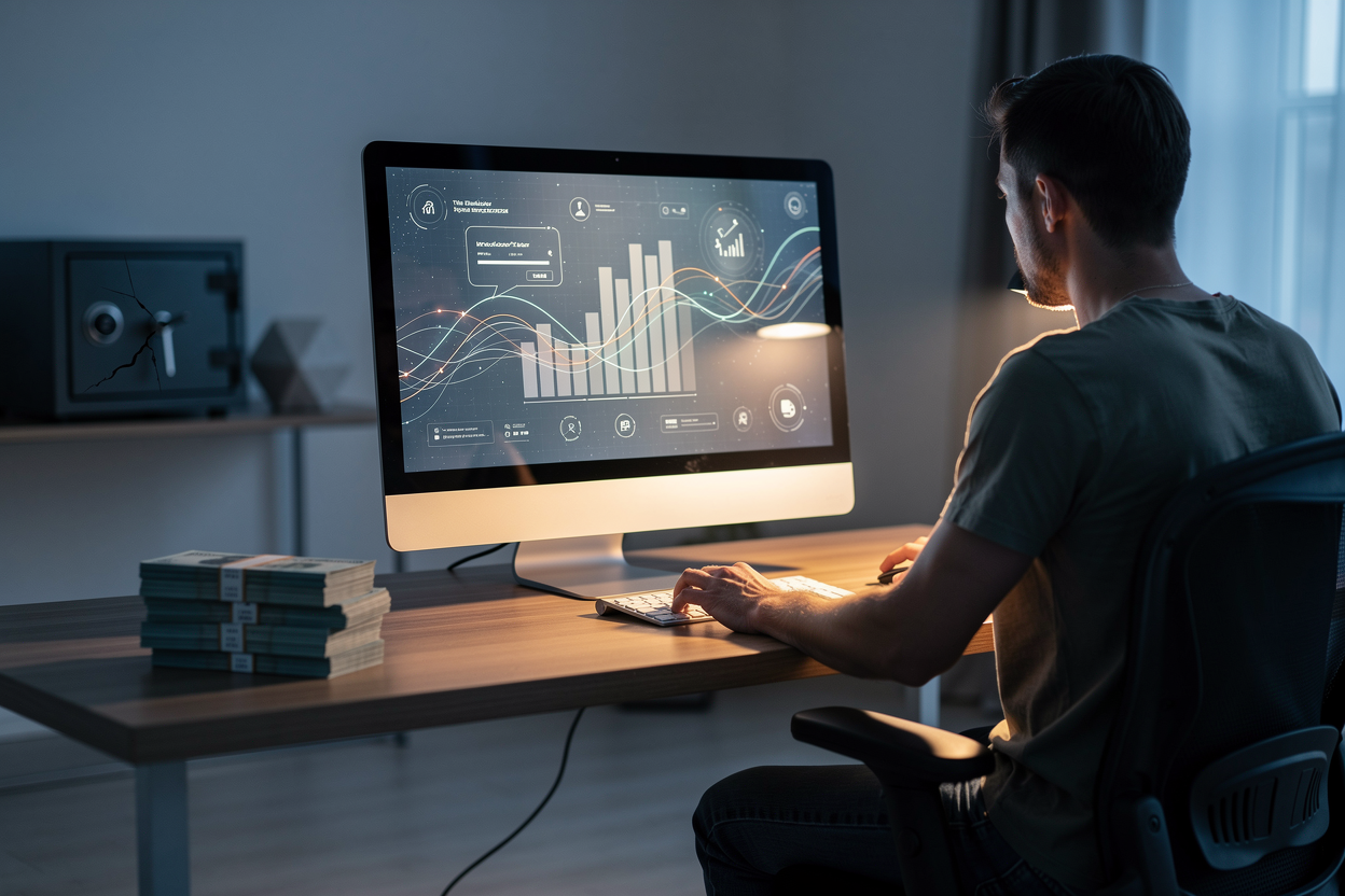 Изображение показывает преимущества и риски онлайн-займов через сцену в домашнем офисе с компьютером, деньгами и символическими деталями.