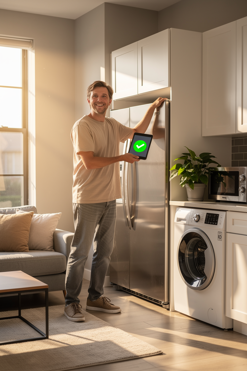 Человек счастливо устанавливает новую бытовую технику в уютной гостиной, символизируя доступность покупки через займ.