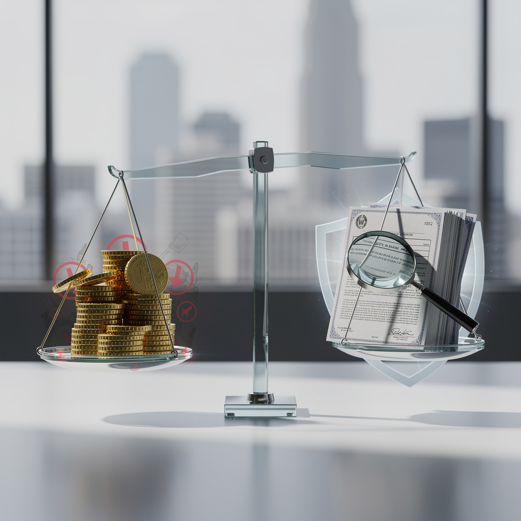 Символическое изображение весов в офисе, представляющее баланс рисков и правовой защиты в финансовых сделках.