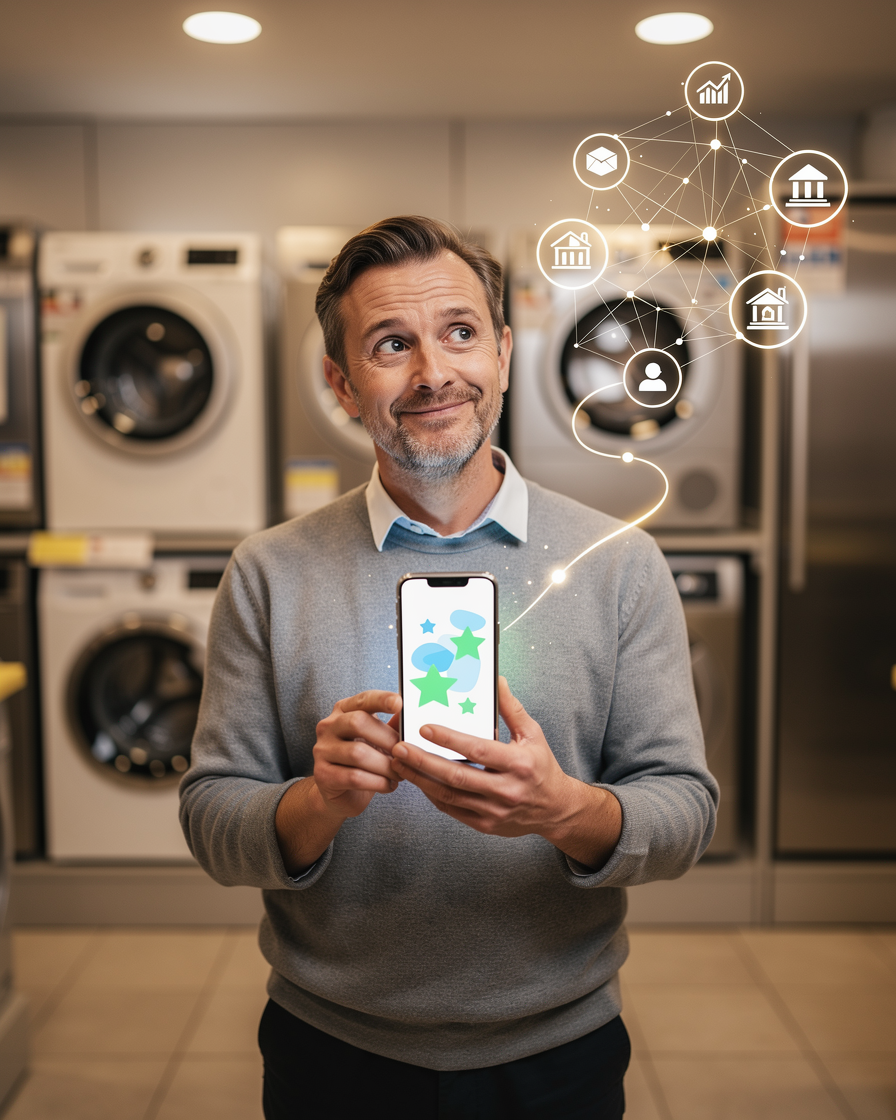 Предприниматель в магазине бытовой техники смотрит на отзывы о финансовых продуктах на смартфоне, символизируя практический опыт клиентов.