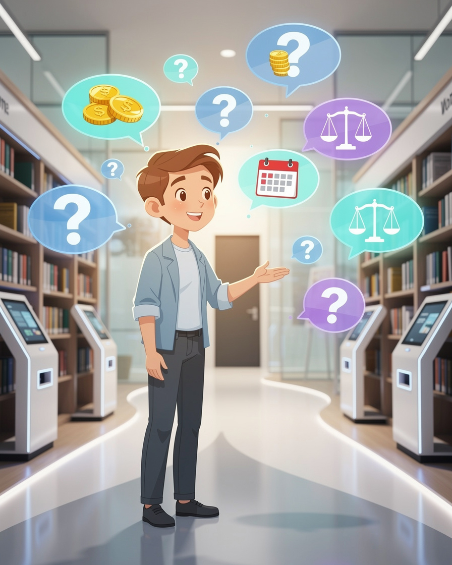 Доброжелательный гид в библиотеке с парящими вопросительными знаками и символами финансов, указывающий на путь к решениям.