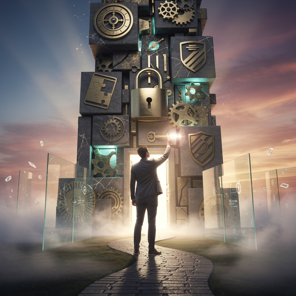 Метафорическое изображение самозанятого человека, пытающегося открыть дверь к кредиту, преодолевая символические требования банка в виде сложной структуры.