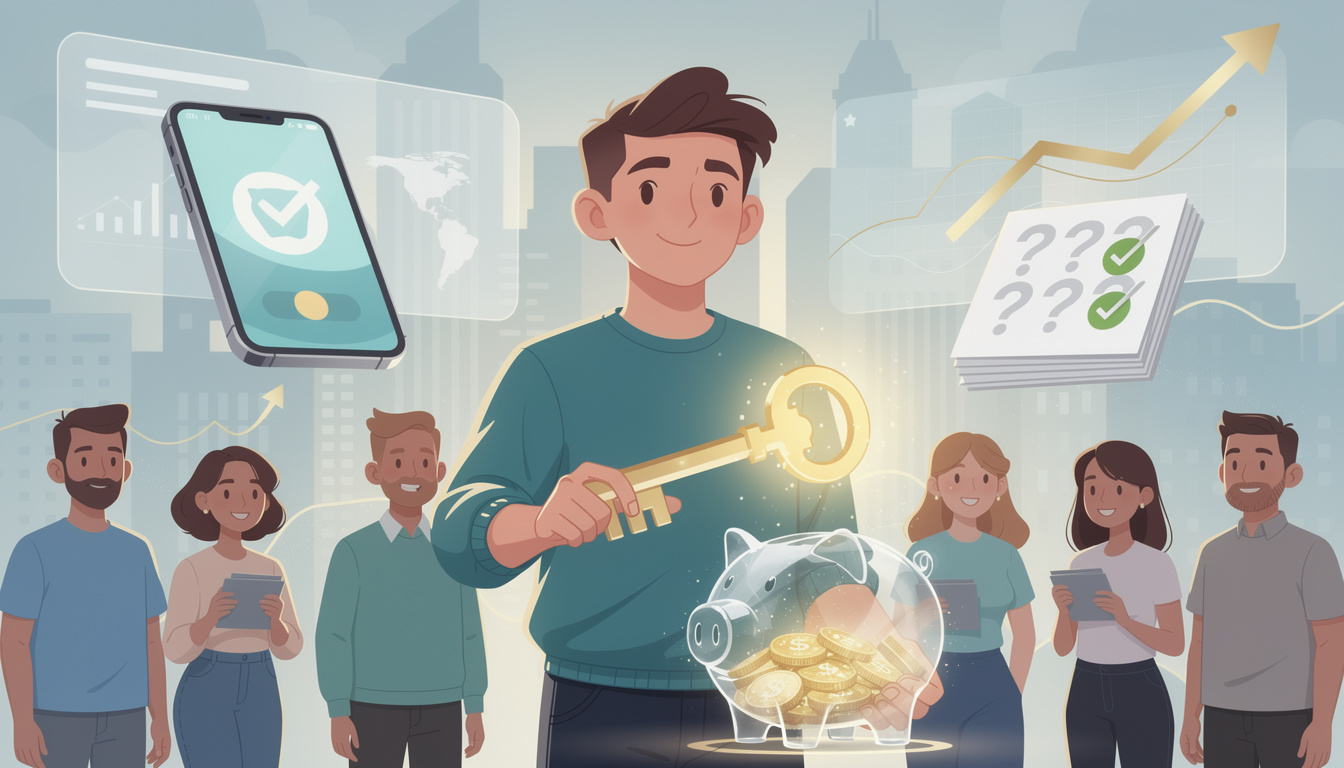 Иллюстрация, символизирующая доступ к займам для людей без официального дохода, с ключом и цифровыми элементами.