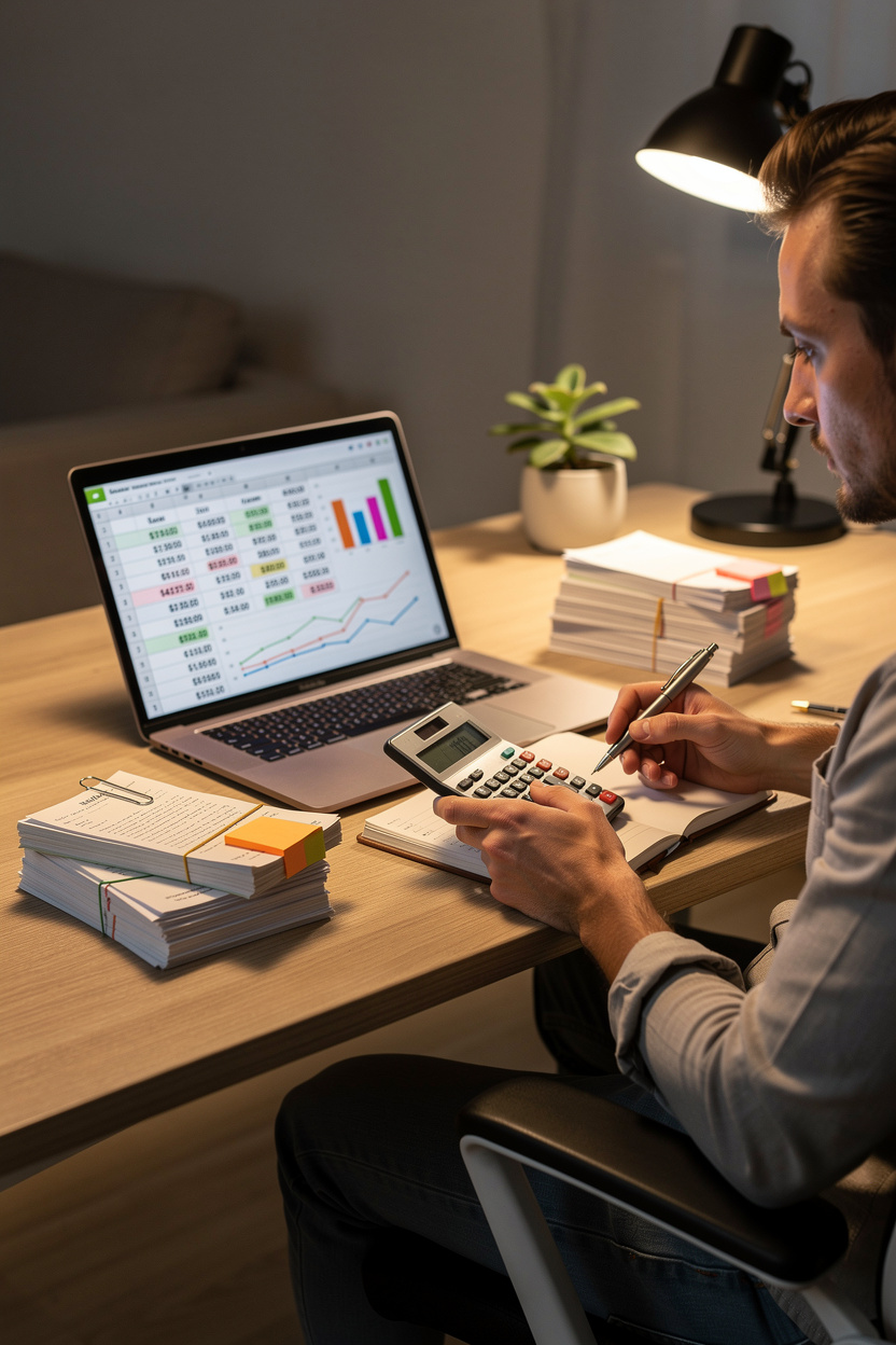 Человек анализирует финансовую таблицу с несколькими микрозаймами, планируя новый займ.