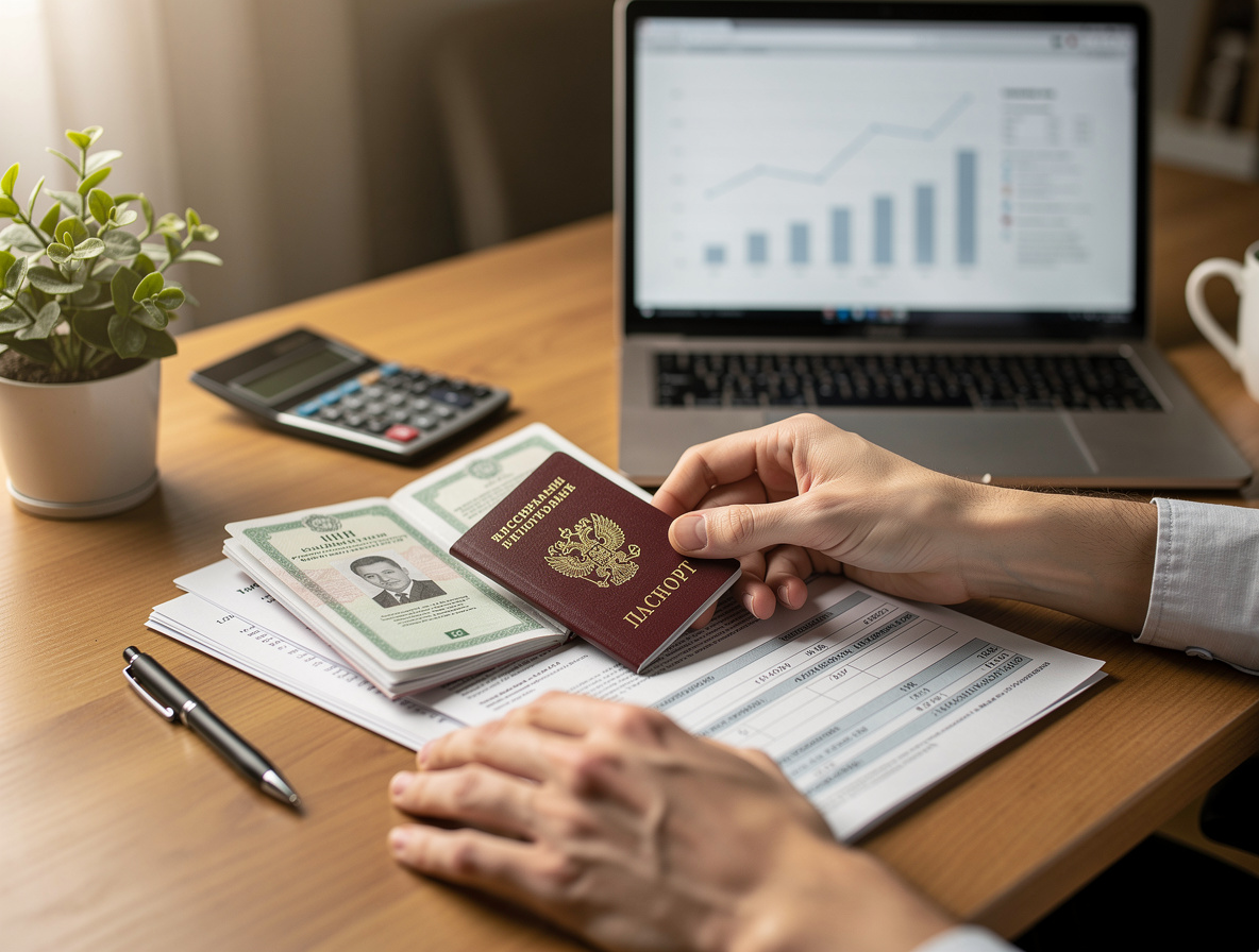 Аккуратно сложенные документы для кредита на столе в домашнем офисе, включая паспорт и ИНН, символизирующие подготовку самозанятого лица.